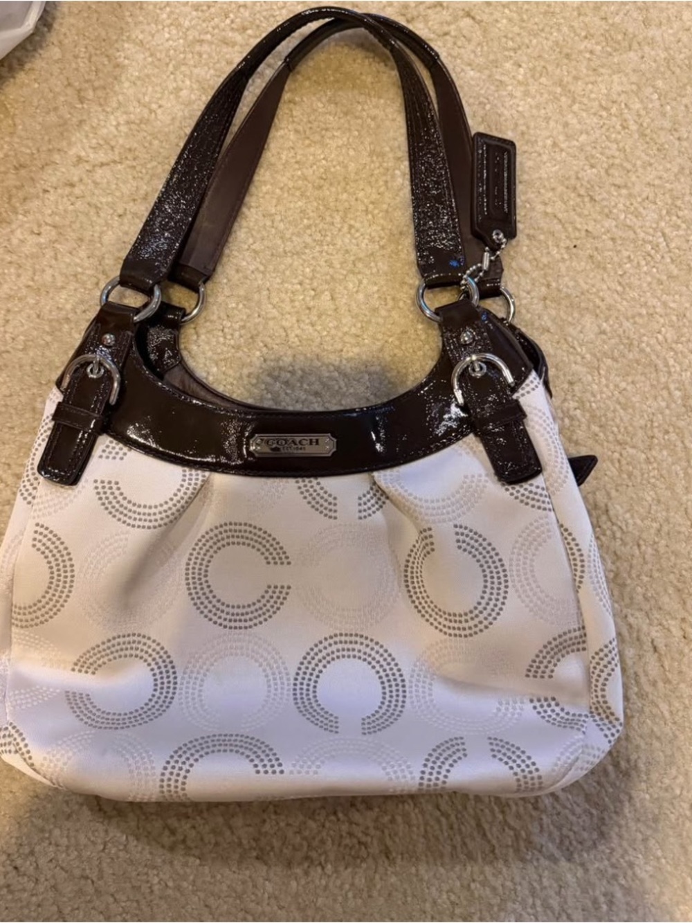 Coach White Signature Circle Shoulder Bag with Dark Brown Patent Trim